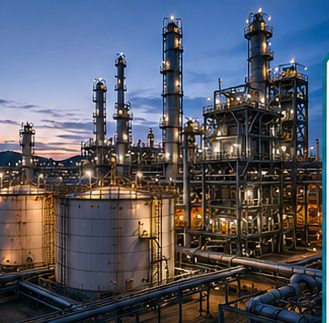 Oil and gas refinery at dusk